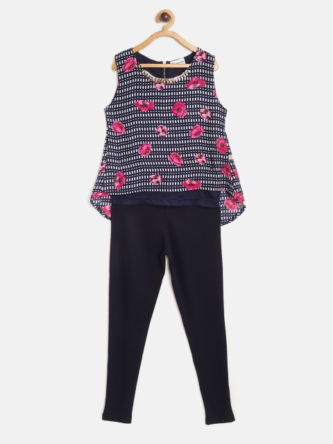 

Peppermint Girls Navy Blue & Pink Printed Layered Top with Leggings