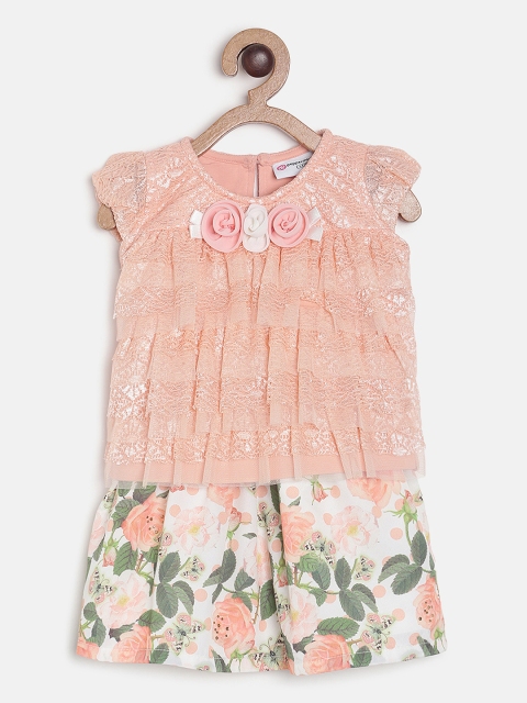 

Peppermint Girls Peach-Coloured Self Design Lace Top with Printed Skirt