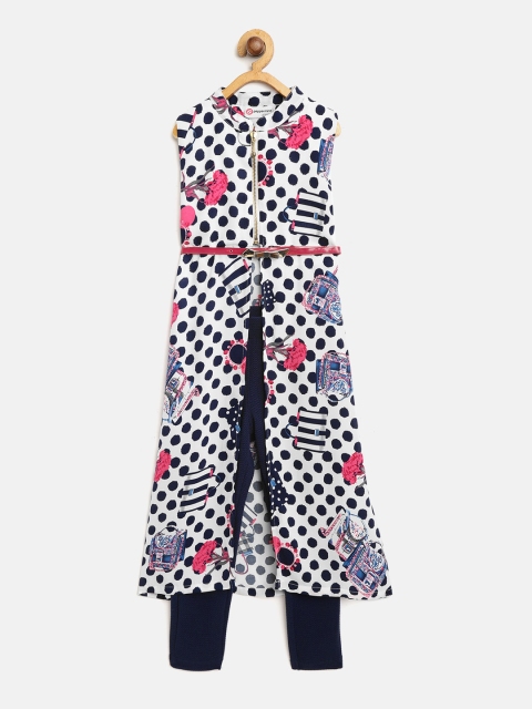 

Peppermint Girls White & Navy Blue Printed Longline Top with Trousers
