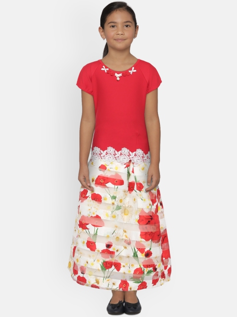

Peppermint Girls Red & Off-White Embellished Top with Skirt