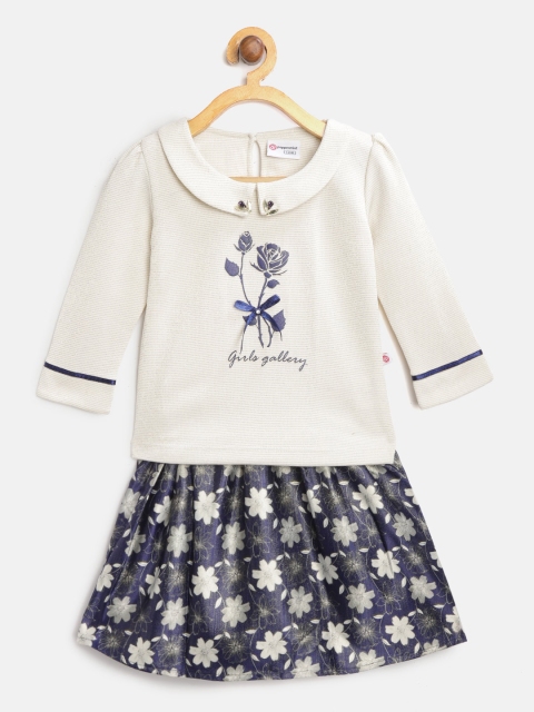 

Peppermint Girls Cream-Coloured & Navy Blue Printed Top with Skirt