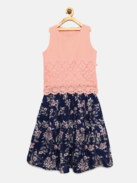 

Peppermint Girls Peach-Coloured Self Design Top with Skirt