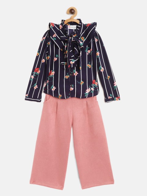 

Peppermint Girls Navy Blue & Dusty Pink Printed Top with Culottes