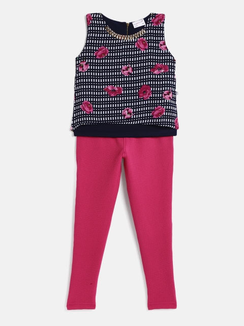 

Peppermint Girls Navy Blue & Pink Printed Top with Leggings