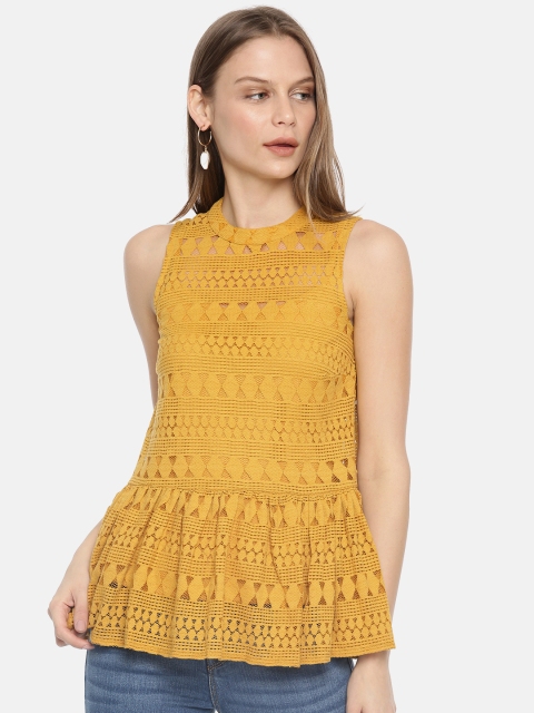 

Vero Moda Women Mustard Yellow Self Design Peplum Lace Top