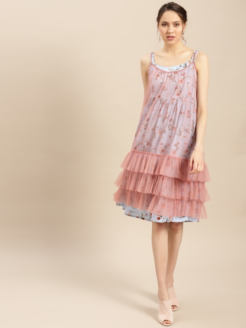 

AKS Couture Women Peach-Coloured & Blue Layered Printed A-Line Dress