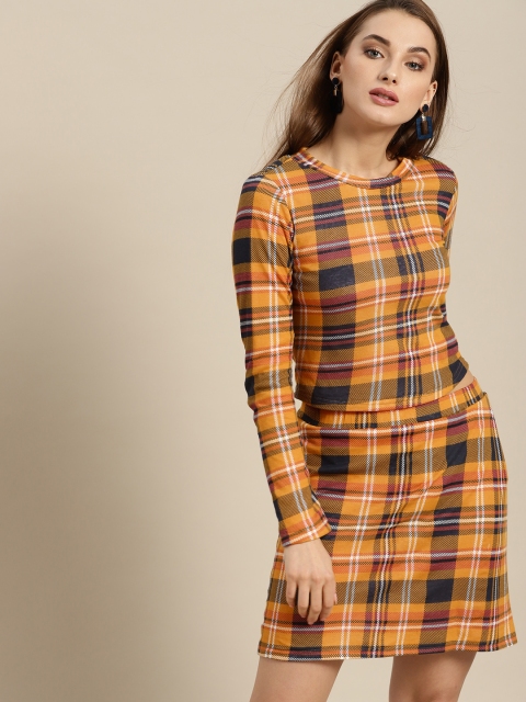 

AKS Couture Women Mustard Yellow & Navy Blue Checked Top with Skirt