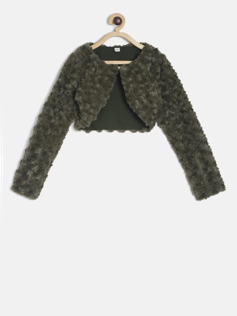

Peppermint Girls Olive Green Self Design Open Front Shrug