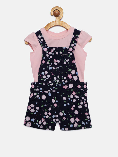 

Peppermint Girls Blue & Pink Printed Dungarees with T-shirt, Navy blue
