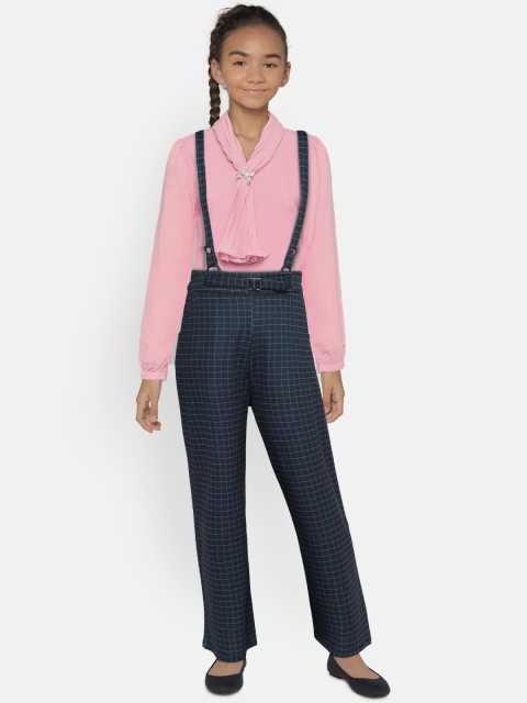 

Peppermint Girls Pink & Navy Blue Solid Top with Trousers