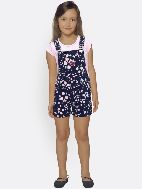 

Peppermint Girls Navy Blue & Pink Printed Dungaree & Tshirt