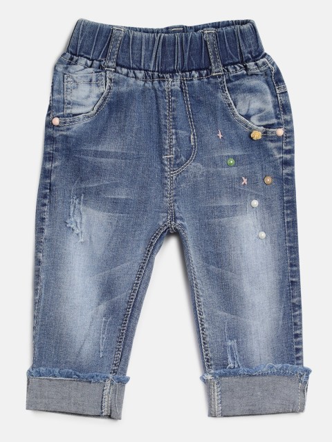 

Peppermint Girls Navy Blue Regular Fit Mid-Rise Low Distress Embellished Jeans