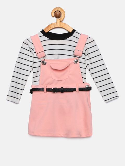 

Peppermint Girls Peach-Coloured Solid Pinafore Dress with Striped Top