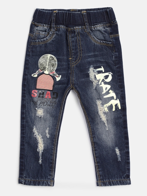 

Peppermint Girls Navy Blue Regular Fit Mid-Rise Mildly Distressed Printed Jeans