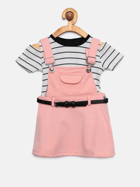 

Peppermint Girls Peach-Coloured Solid Pinafore Dress with Striped Top