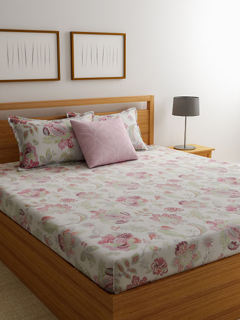 

SPACES Off -White & Green Floral 300 TC Cotton King Bedsheet