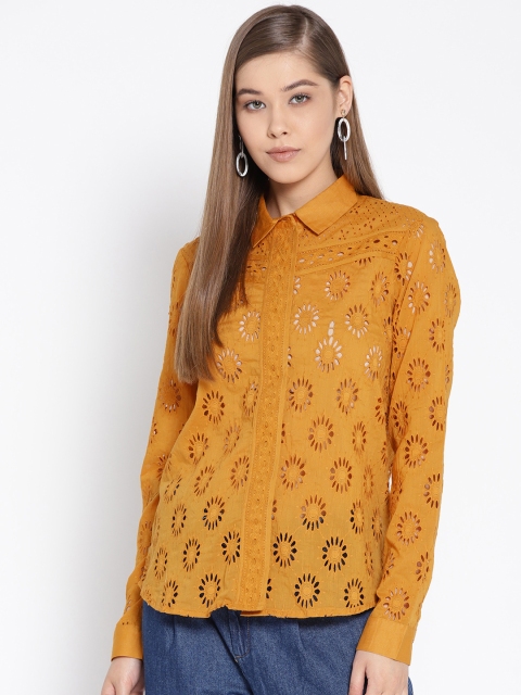 

I AM FOR YOU Women Mustard Yellow Schiffli Embroidered Casual Shirt