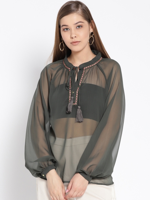 

I AM FOR YOU Women Olive Green Sheer A-Line Top