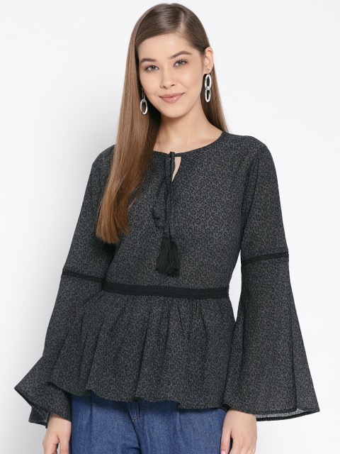 

I AM FOR YOU Women Charcoal Grey & Black Animal Print A-Line Top