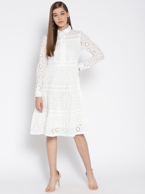 

I AM FOR YOU Women Off-White Schiffli Embroidered Shirt Dress