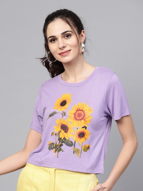 

SASSAFRAS Women Lavender Printed Round Neck Crop T-shirt