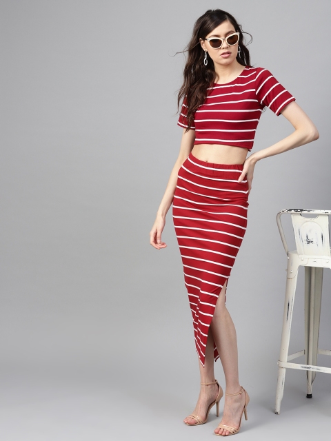 

SASSAFRAS Women Maroon & White Striped Round Neck Crop T-shirt