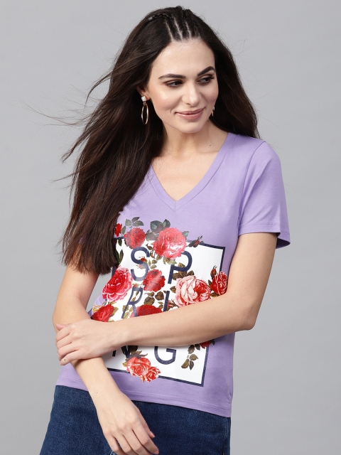 

SASSAFRAS Women Lavender Floral Print V-Neck T-shirt