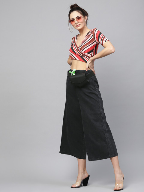 

SASSAFRAS Women Black Flared Solid Denim Culottes