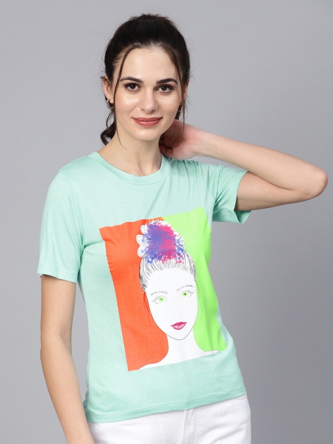 

SASSAFRAS Women Sea Green Printed Round Neck T-shirt