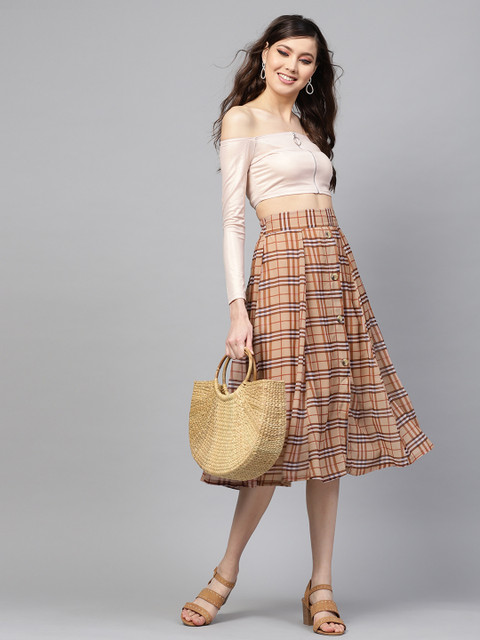 

SASSAFRAS Women Brown Checked A-Line Skirt