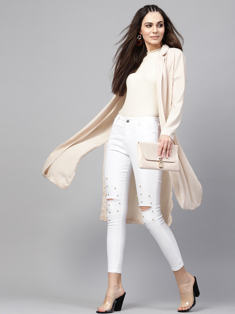 

SASSAFRAS Women White Slim Fit Beaded Slash Knee Stretchable Cropped Jeans