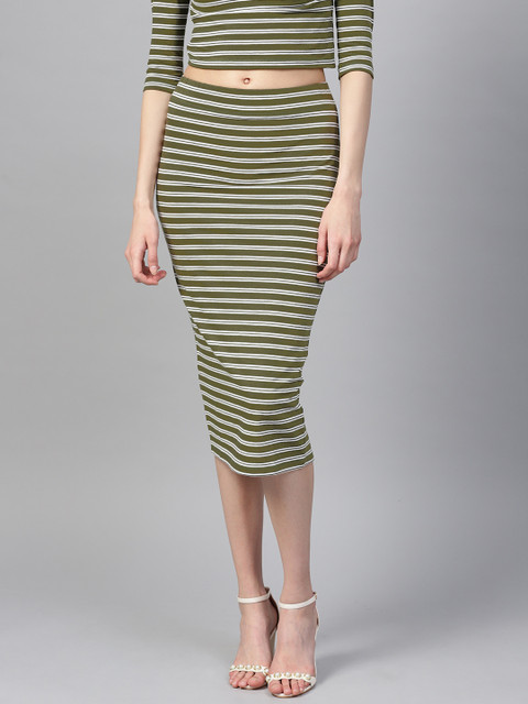 

SASSAFRAS Women Olive Green & White Striped Pencil Skirt