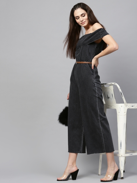 

SASSAFRAS Black Solid Denim Culotte Jumpsuit