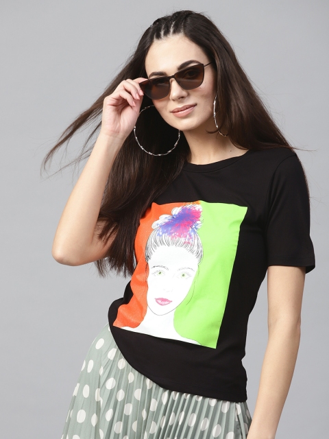 

SASSAFRAS Women Black Printed Round Neck T-shirt