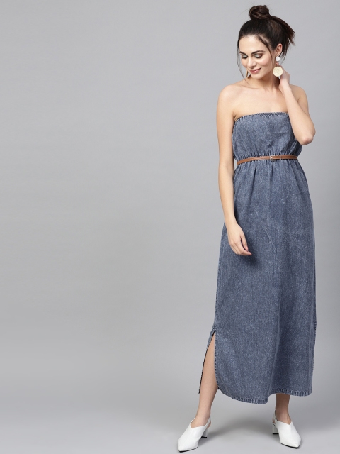 

SASSAFRAS Women Blue Chambray Solid Strapless Maxi Dress