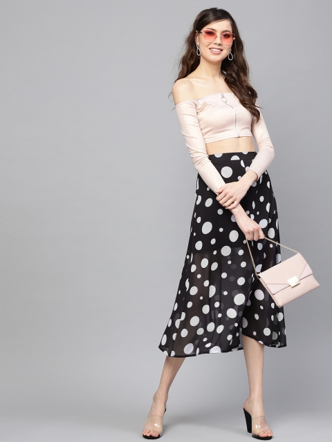 

SASSAFRAS Women Black & White Polka Dot Print A-Line Skirt