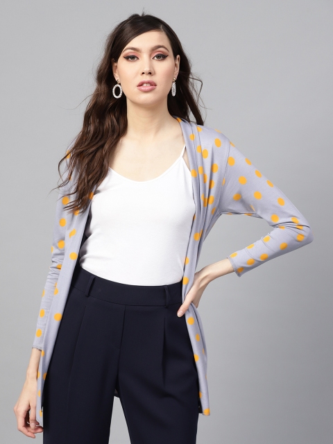 

SASSAFRAS Grey & Mustard Yellow Polka Dots Print Open Front Shrug