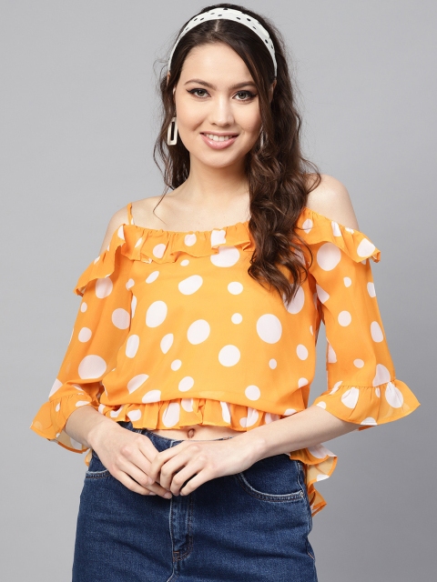 

SASSAFRAS Women Yellow & White Polka Dots Print Crop Top