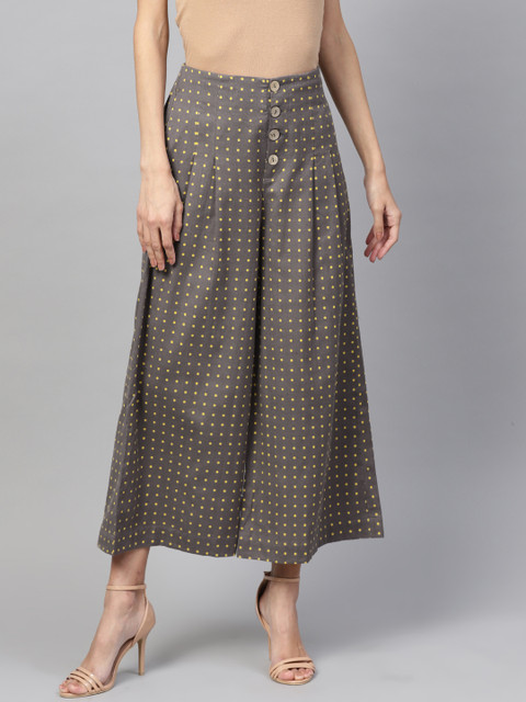 

SASSAFRAS Women Charcoal Grey & Yellow Regular Fit Printed Cropped Parallel Trousers