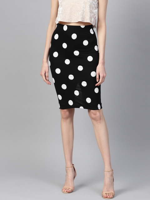 

SASSAFRAS Women Black & White Polka Dot Print Pencil Skirt