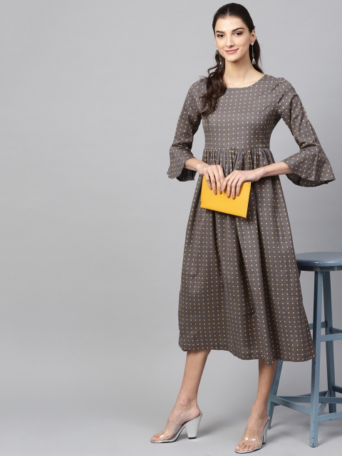 

SASSAFRAS Women Grey & Yellow Printed A-Line Dress