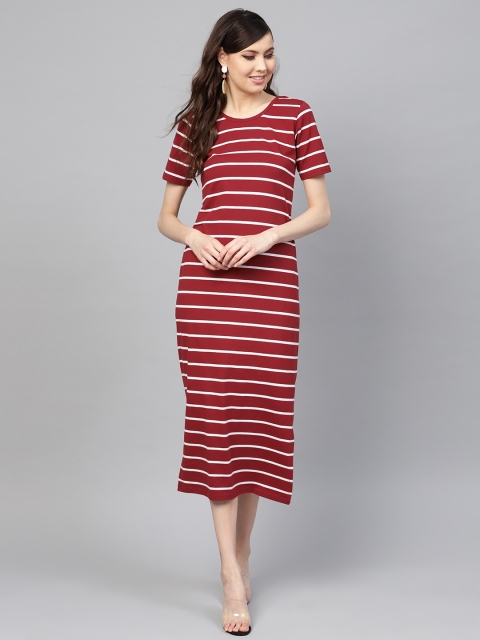 

SASSAFRAS Women Red & White Striped T-shirt Dress