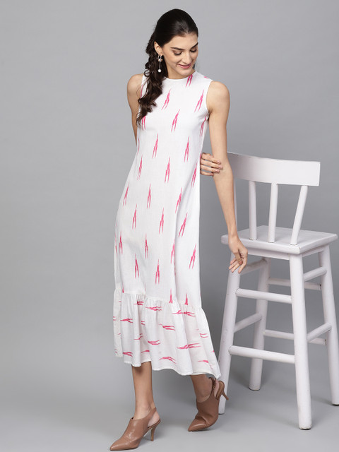 

SASSAFRAS Women White & Pink Printed Midi A-Line Dress