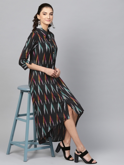 

SASSAFRAS Women Black & Blue Printed Midi Shirt Dress