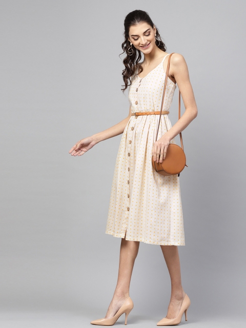 

SASSAFRAS Women Beige & Mustard Yellow Printed Midi Fit & Flare Dress