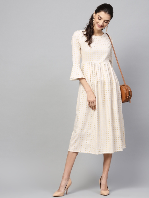 

SASSAFRAS Women Beige Printed A-Line Dress