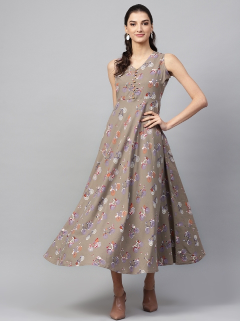 

SASSAFRAS Women Taupe Printed Maxi Fit & Flare Dress