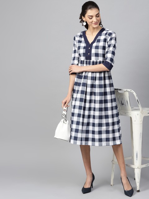 

SASSAFRAS Women White & Navy Checked Midi A-Line Dress