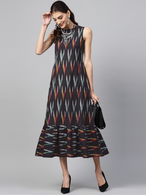 

SASSAFRAS Women Black & Yellow Ikat Patterned A-Line Dress