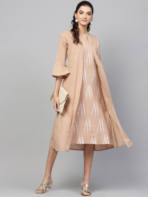 

SASSAFRAS Women Beige & White Printed Midi Layered A-Line Dress